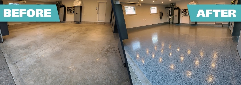 Custom flake polyaspartic floor before and after.