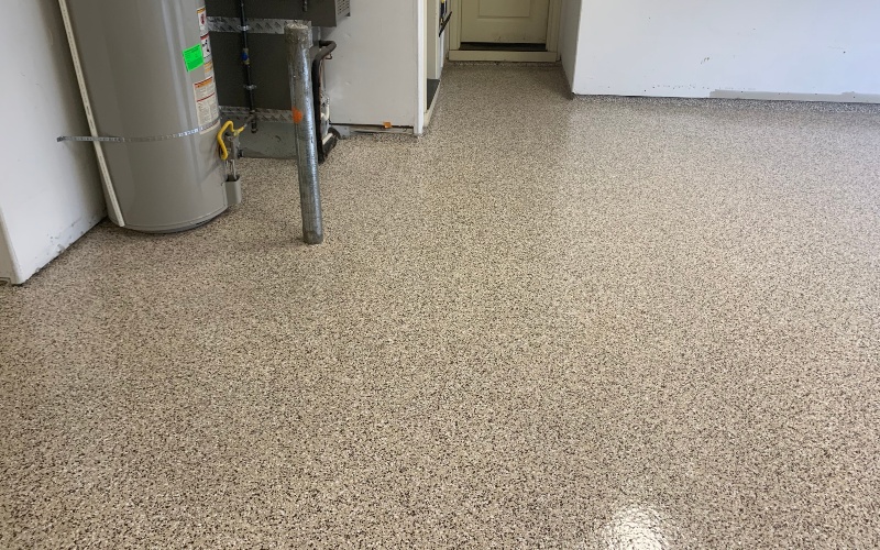 Flake saddle tan epoxy flooring for garage