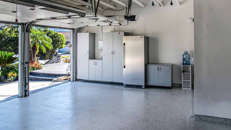 Inside Looking Out in a Modern Flake Flooring Garage