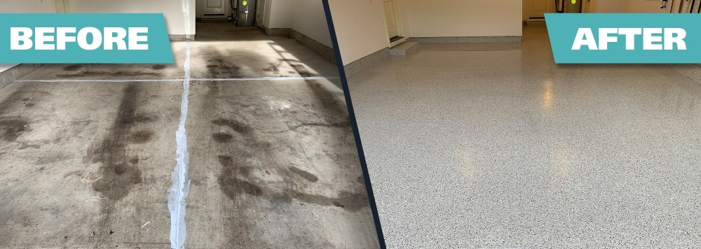 up close garage flake floor before and after.