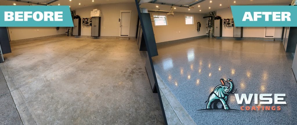 Before and after look at WISE Coating flake flooring installation.