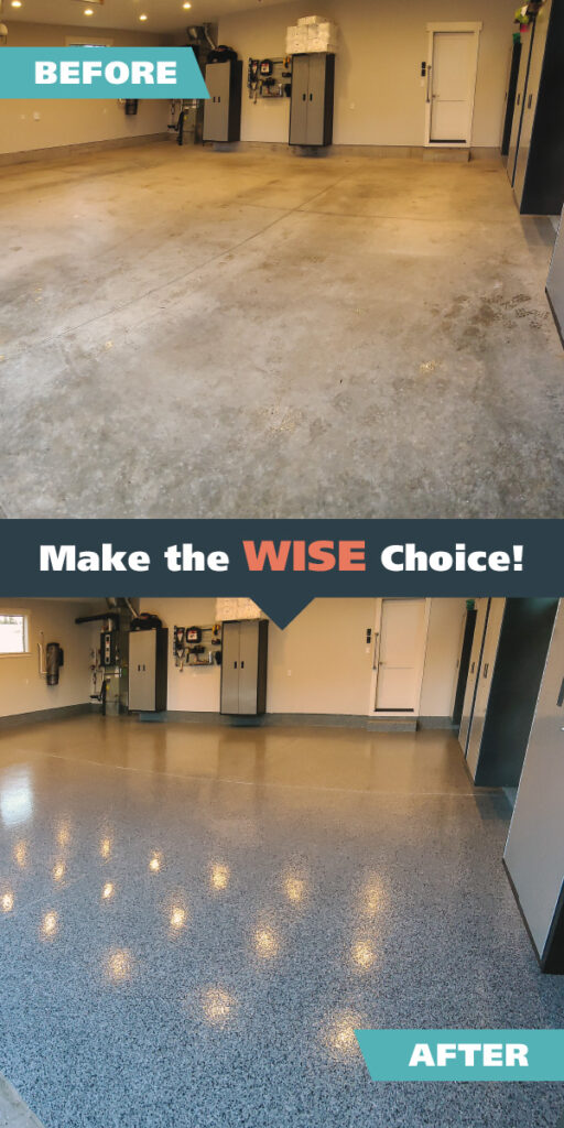 Before and after look at WISE Coating flake flooring installation.