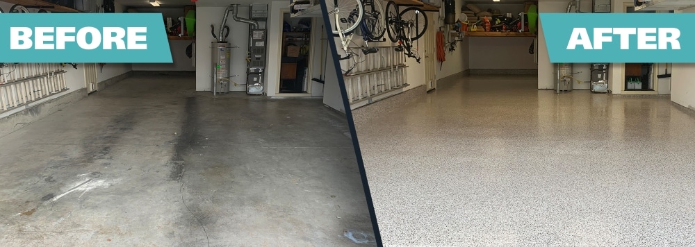 Before and after flake flooring in a garage.