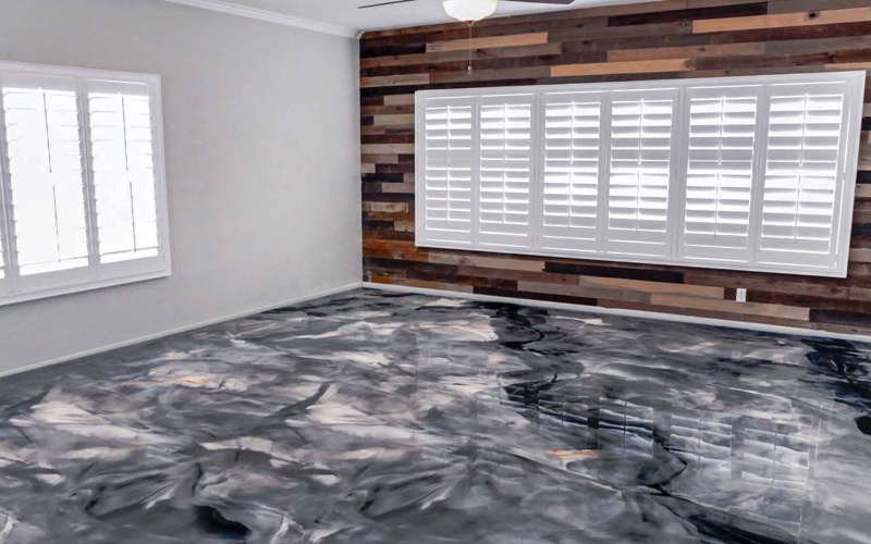 Gray-finished epoxy flooring in master bedroom
